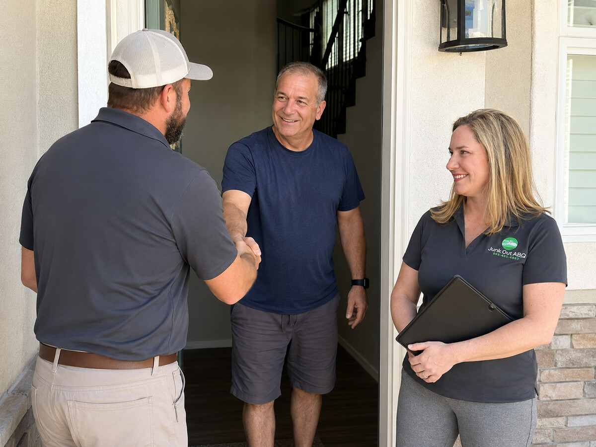 Junk Out ABQ owners meeting a customer at the door before a cleanout